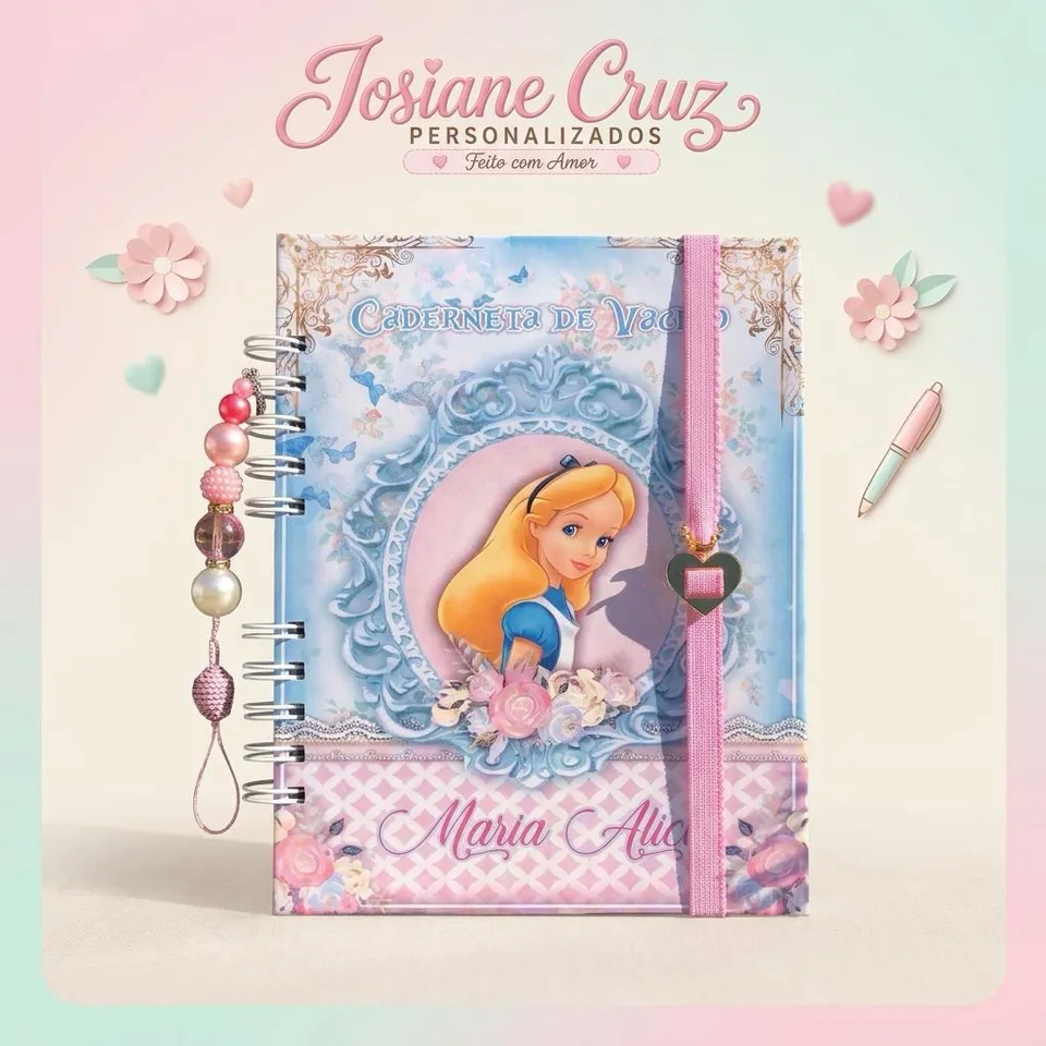 Caderneta de vacinas com capa ilustrada em azul e rosa, encadernação com argolas e detalhe de contas.