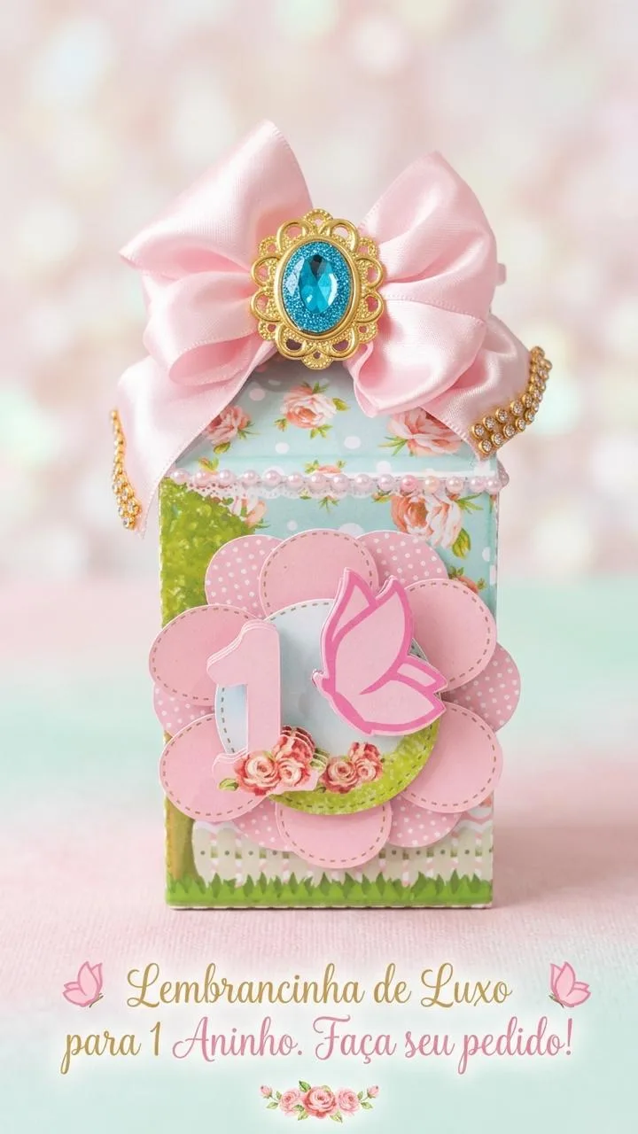 Caixa milk em tons de rosa e verde, flores e laço rosa com detalhe azul.