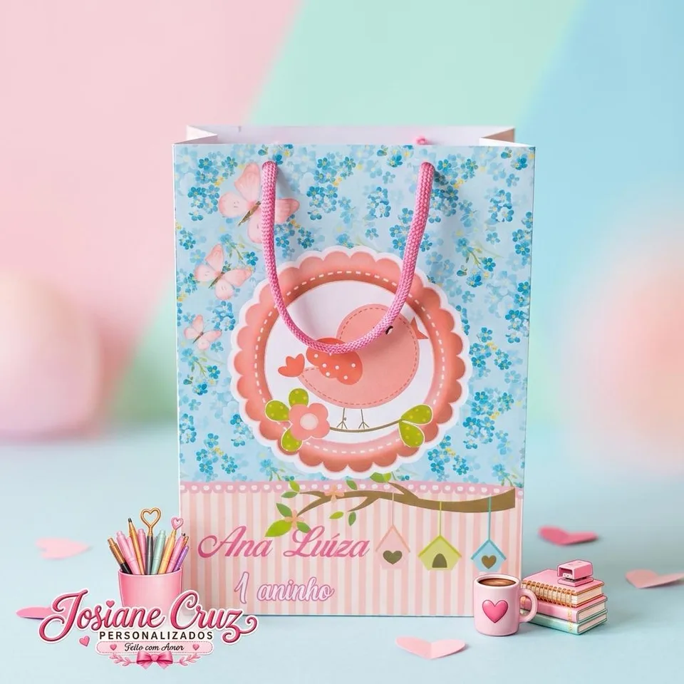 Sacolinha com estampa floral azul, alças rosa e decoração de passarinho.